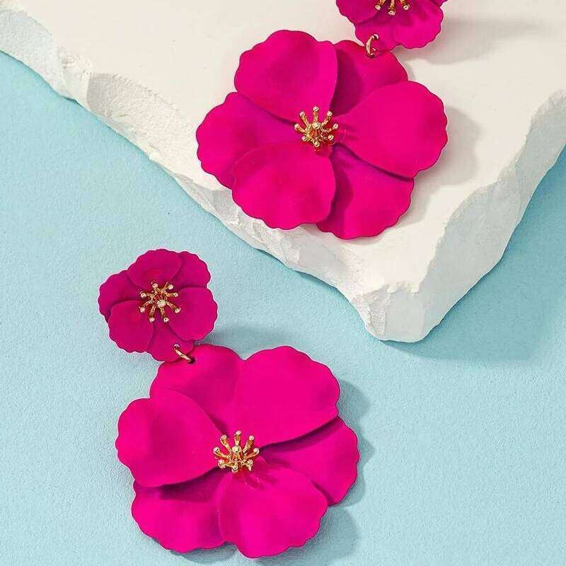 Women Drop Gold Plating White Fuchsia Spray Big Flower Dangle Holiday Bridal Earrings Yuansiqi