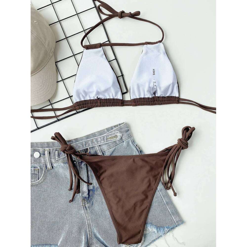 2025 Sexy Solid Bandage Halter Strappy Swimwear Women Swimsuit Female Two Pieces Bikini Set Low Waist Bathing Suit Bather C260207