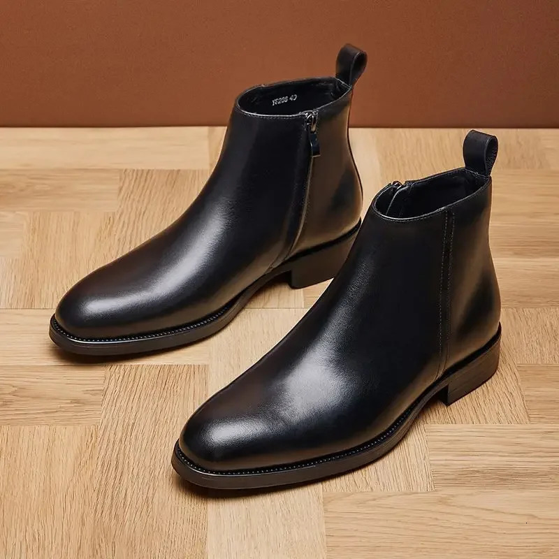 High Top Mens Chelsea Boots Genuine Leather British Business Formal Dress Shoes Winter Autumn Cowhide 260208