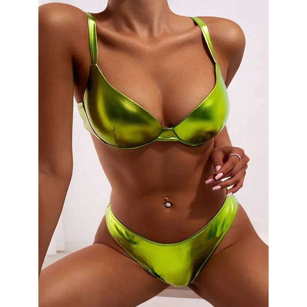 Shiny PU Faux Leather Women Swimsuit Female Swimwear Two-pieces Bikini Set Underwired Bra Cup Bikinis Bathing Suit Swim C260207