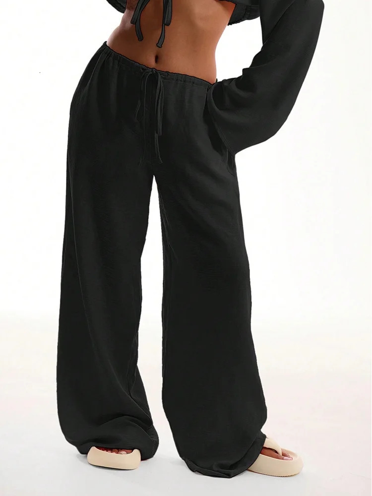 Casual Oversized White Solid Wide Leg Pants Fashion Women Elastic High Waist Pocket Baggy Sweatpant Office Lady Commute Trousers 260130