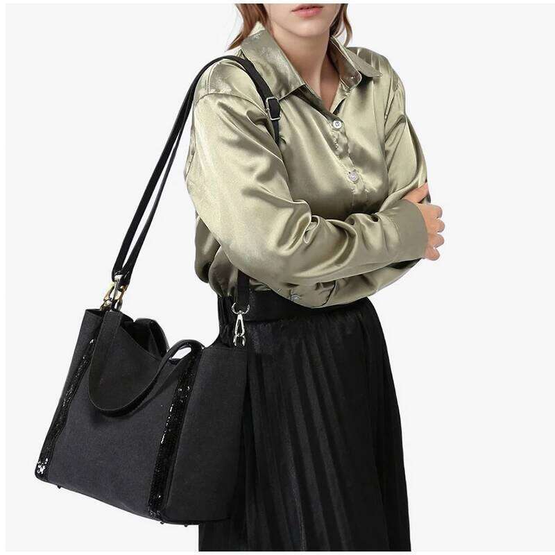Canvas Sequined Large Capacity Tote Contrast Color Retro Handbag Spacious Crossbody Business Trip Travel Bag C260207