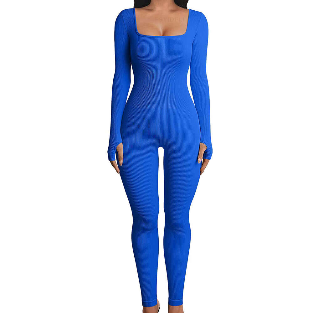 European American foreign trade women s jumpsuit spring and autumn ribbed square neck hip lifting slim fit sexy luanyun