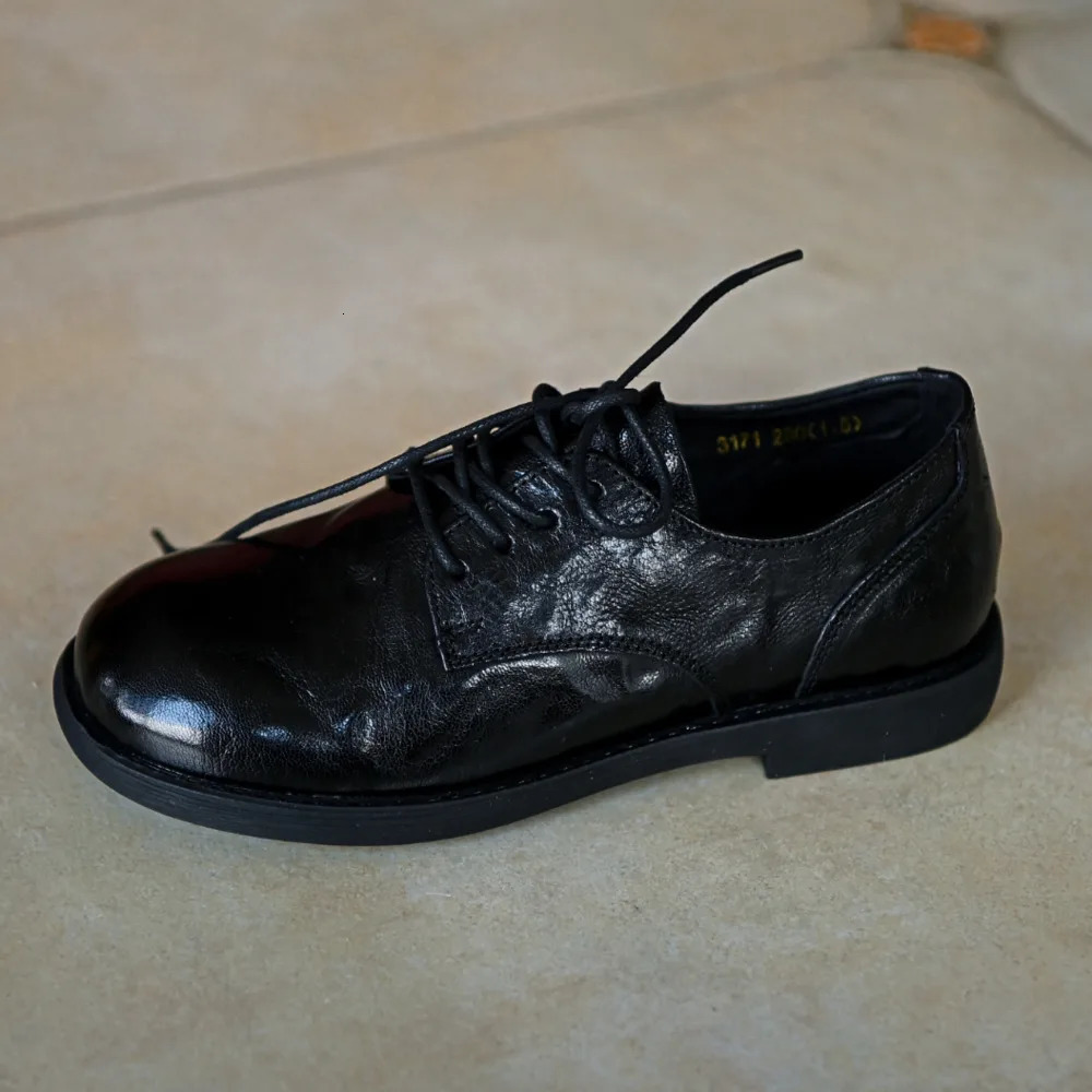 Womens Cow Leather Laceup Flats Oxfords Round Toe Retro British Style High Quality Soft Comfortable Genuine Daily Shoe 260208