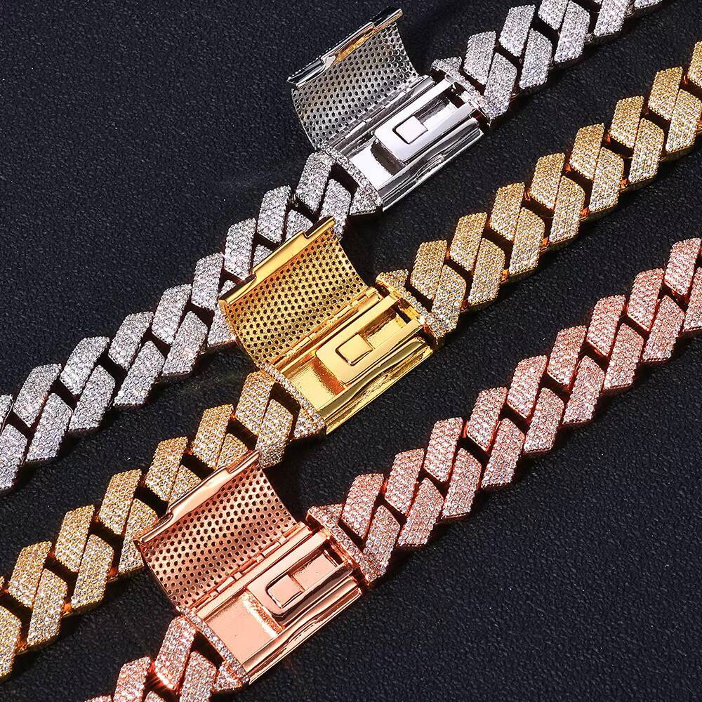 Luxury Hip-Hop Chain Necklace 15mm Wide Box Clasp Micro Pav vvs moissanite Diamond Fork Cuban Chain Rapper Accessories