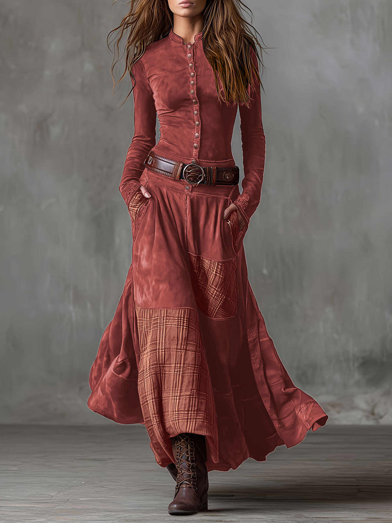 Fashion Button Draped Maxi Dress Elegant O-neck Long Sleeve Pocket Long Dress Vintage Checkered Print Patchwork Slim Party Dress R260208