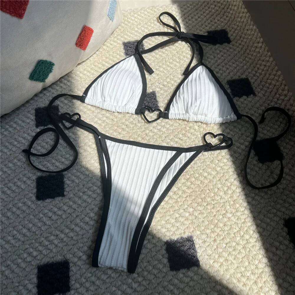 White Ribbed Micro Thong Bikini Heart Metal Ring Sexy Swimsuit Women String Halter Swimwear Bathers Triangle Mini Bikinis Sets C260207