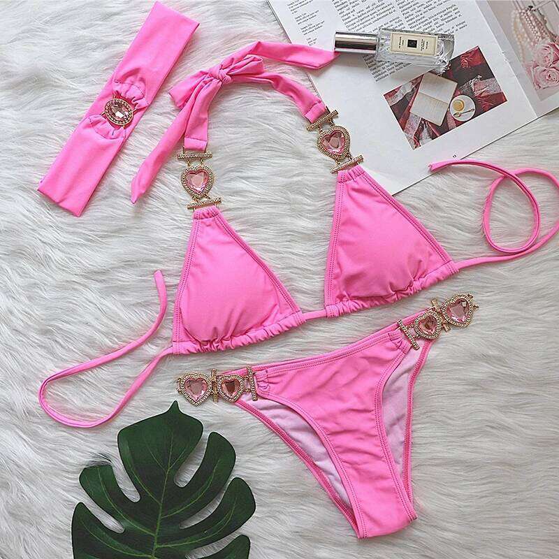 Pink Sexy Bikinis Swimsuit With Heart Rhinestones Women Swimwear Female Push Up Bikini Beach Swim Wear Bathing Suits Pool Bather C260207