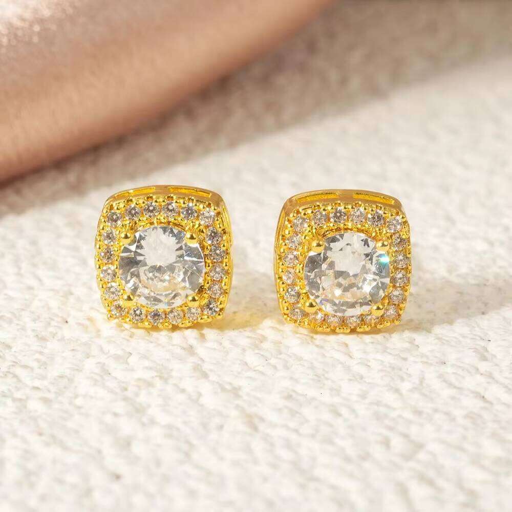 Wholesale Hot Sale Fashion Jewelry Gold Plated Brass Round Square Moissanite Diamond Zircon Stud Earrings For Women
