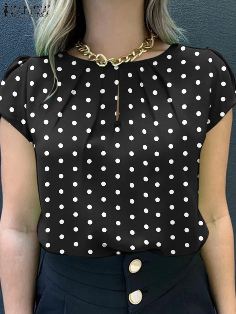 Summer Tunic Tops ZANZEA Women Short Sleeve Polka Dots Blouse Work Holiday Shirt Casual O Neck Blusas Female Chemise Mujer 260207