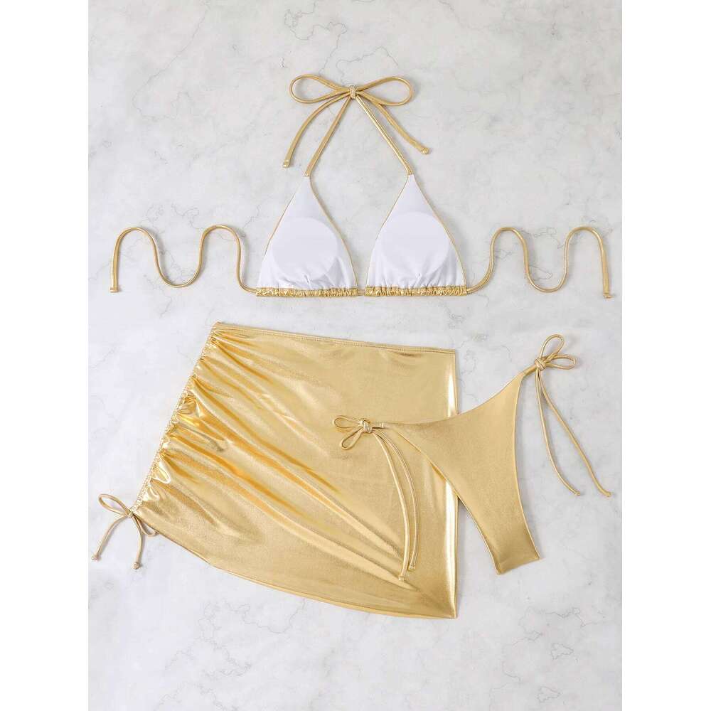 2025 New 3 Pieces Swimsuit Women Thong Swimwear Sexy Bronzing Bikini Set With Sarong Mini Skirt Beachwear Bathing Suit Gold C260207