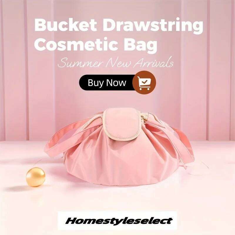 Large Capacity Bucket Cosmetic Bag, Drawstring Makeup Travel Organizer with Adjustable Strap Flip Top Pockets Gift Y260206