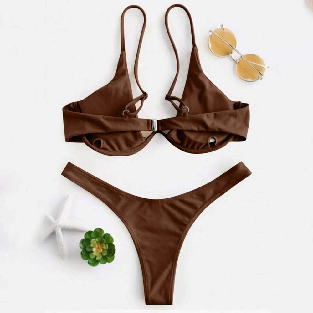Sexy Underwire Bikini 2024 Mujer Women Solid Red Push Up Bra Swimsuit Halter V Neck Bathing Suit Mini Micro Thong Swimwear C260207