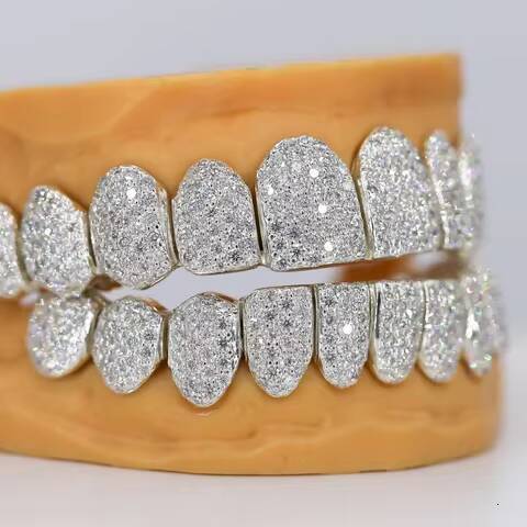 Iced out hip hop moissanite diamond grillz silver brilliance clarity sparkle mens jewelry fashion statement elegant design