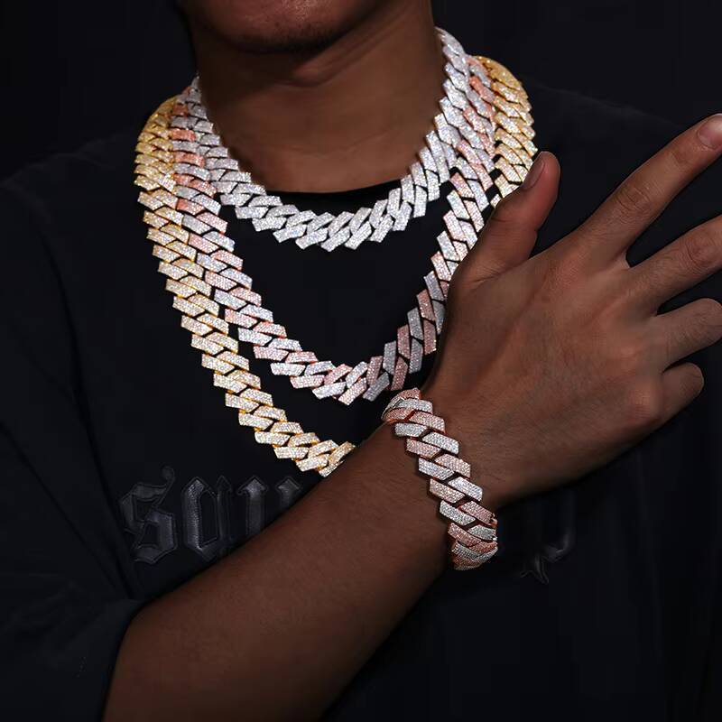 Wholesale Fashion Hip Jewelry 20mm Gold Plated silver 3 Rows vvs moissanite Diamond Iced Out Bling Miami Cuban Link Chain Necklace