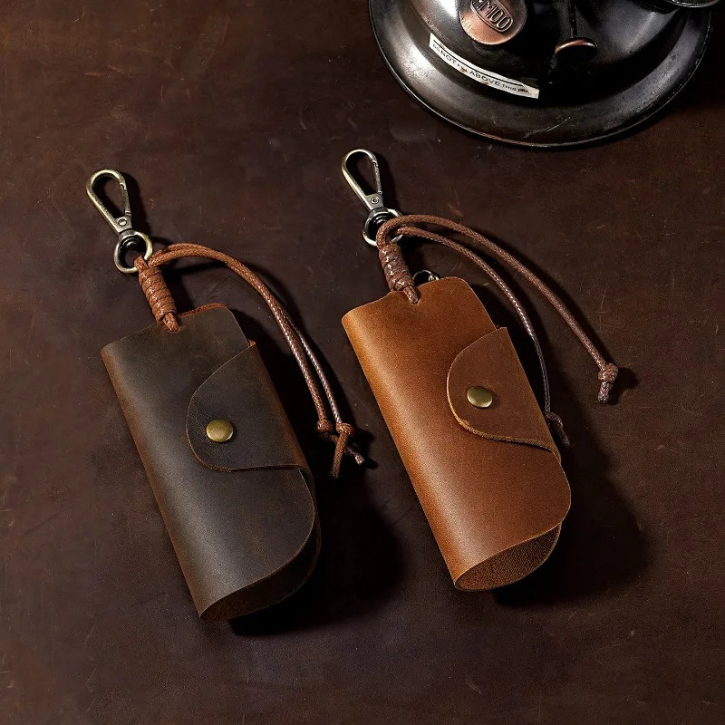 Crazy Horse Leather Key Pouch Universal Car Key Cover with Anti-Scratch Genuine Leather Key Storage Bag for Auto Keys 260129