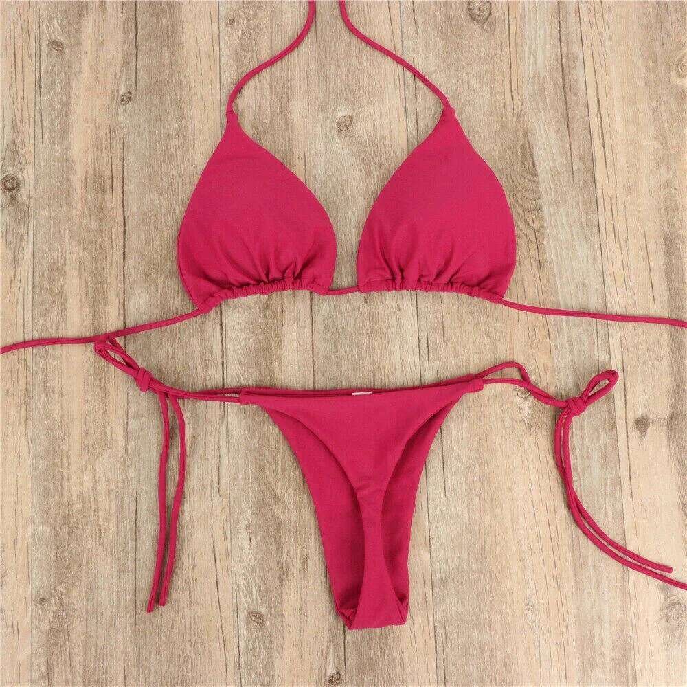 New Women Sexy Hanging Neck Thong Bikini Side Tie Bandage Style Split Strap Solid Adjustable Ladies Swimsuit Set C260207