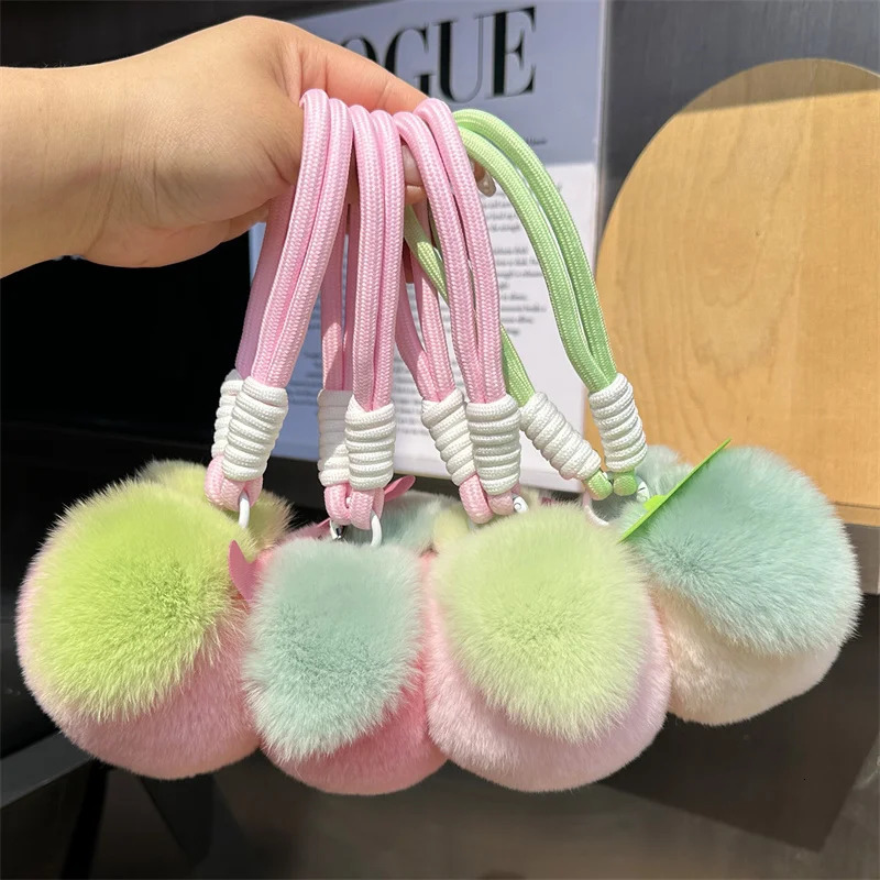 Real Rabbit Hair Cute Furry Peach Keychain Keychains Women Plush Rex Rabbit Fur Car Key Chain Bag Decoration Pendant Gift 260107