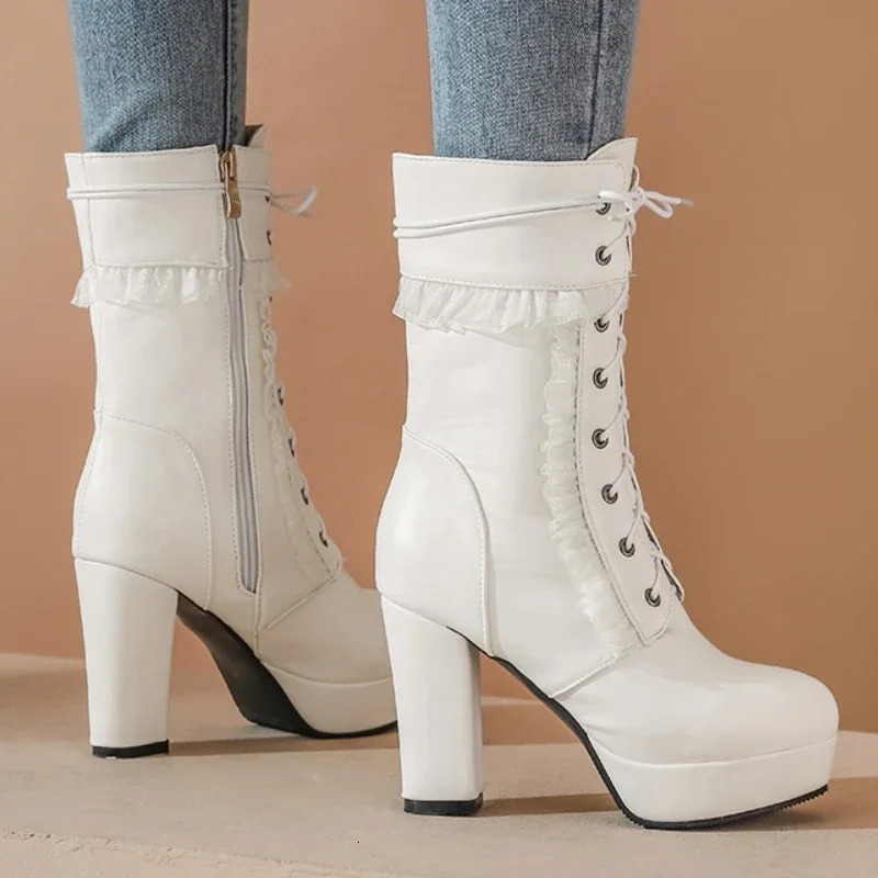 Short boots shoes 2025 Spring and Autumn Lolita thick heel waterproof platform high heels 260208