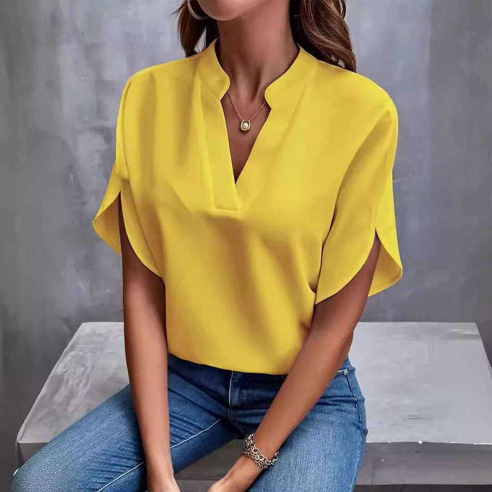 European and American Foreign Trade Women s Summer Casual Short Sleeve Solid Color V Neck Loose Shirt Top luanyun