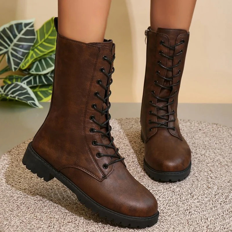 Fashion Lace Up Zipper MidiCalf Boots for Women Autumn Winter 2025 Solid Platform Modern Woman Square Heel Botas Mujer 260208