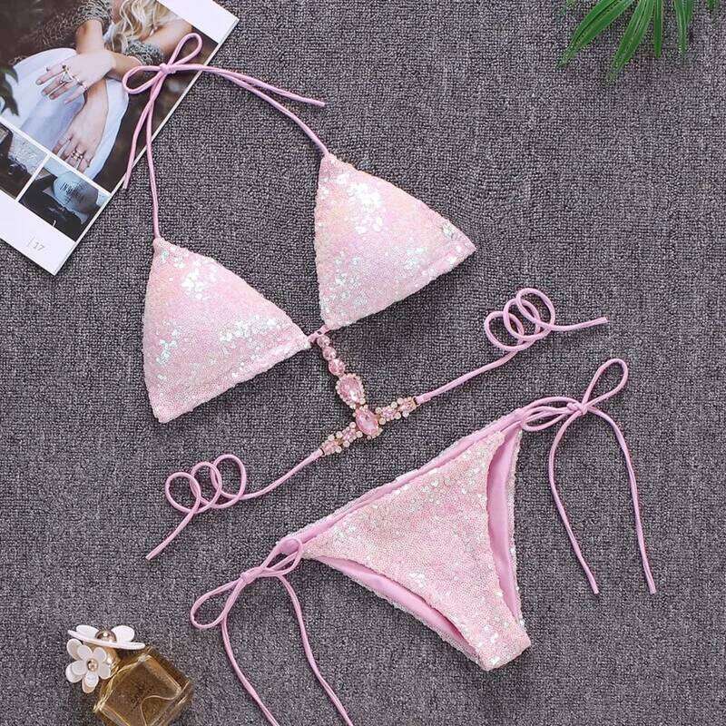 Shiny Sexy Bikinis Swimsuit With Rhinestones Women Swimwear Female Push Up Bikini Beach Swim Wear Bathing Suits Pool Bather 2025 C260207