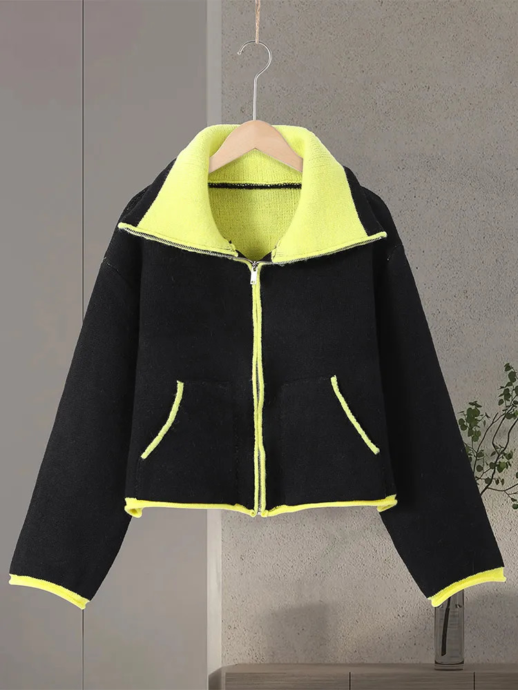 Panelled Knitted Womens Cardigan Long Sleeve Zipper Loose Female Fur Jacket 2025 Winter Street Fashion All-match Lady Coats 260122