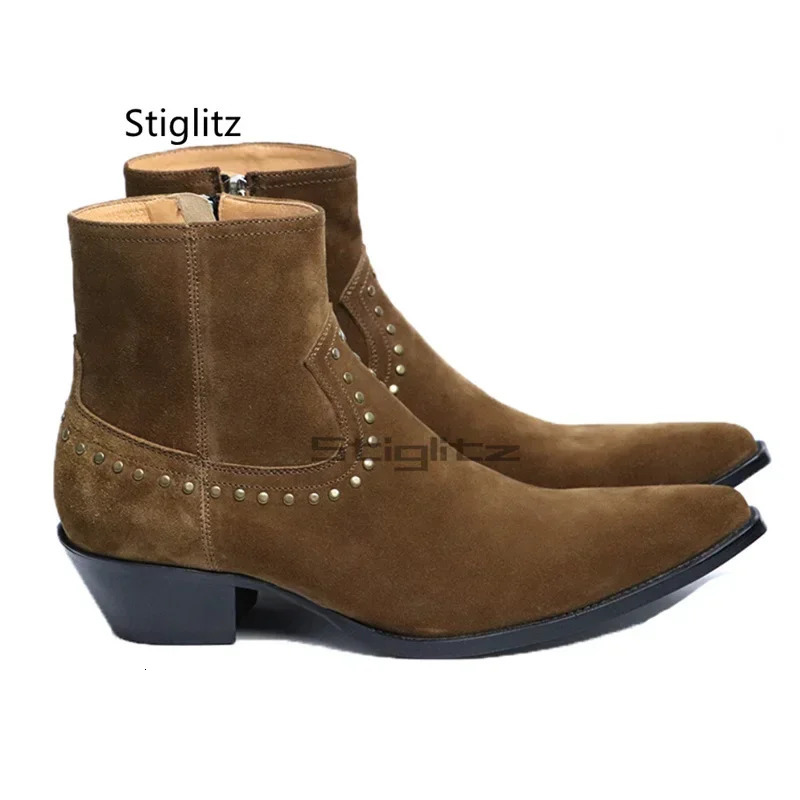 Riveted Cowboy Chelsea Boots for Men Brown Black Side Zipper Mens British Style Suede Leather Ankle Shoes Botas 260208