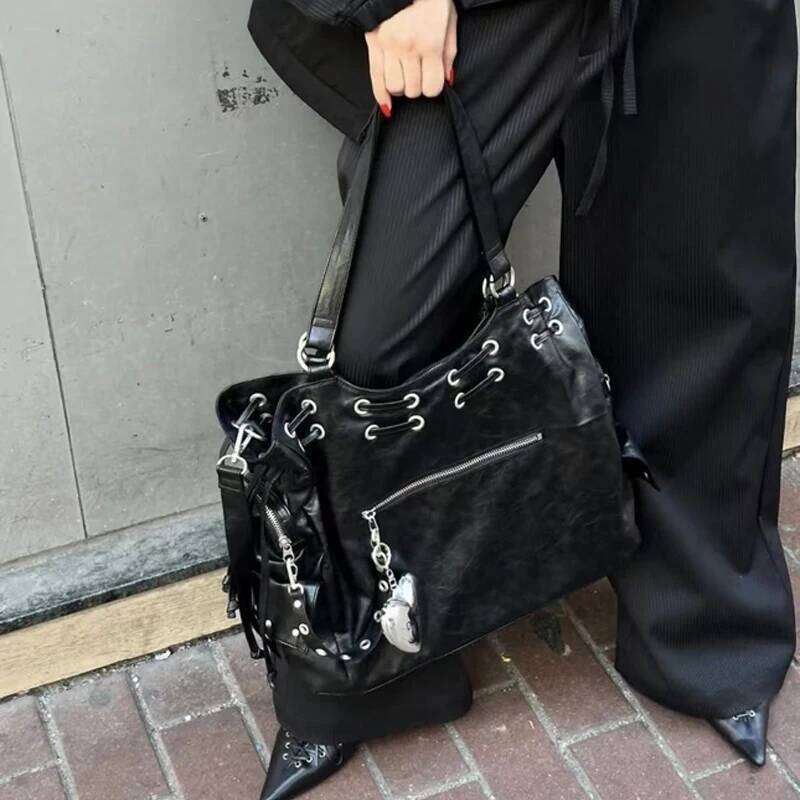 SHELKSBAG Y2k Style Studded String Large Capacity Handbags Woman Pu Leather Shoulder Bag Cool Girls Purse Streetwear Tote Bags C260207