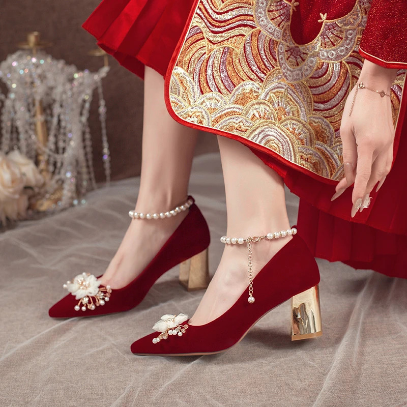 Comemore Red High Heel Chinese Style Bridal Wedding Shoe 2024 Beaded Womens Pointed Toe Pumps Fashion Pump Heels 34 260208