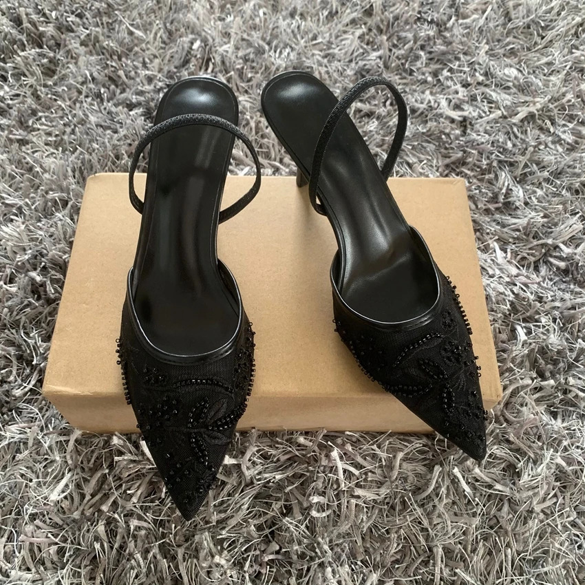 Black Embroidered Mesh Slingback High Heels Sandals for Women er Shoes Woman Elegant Style Wedding Party Pumps 260202