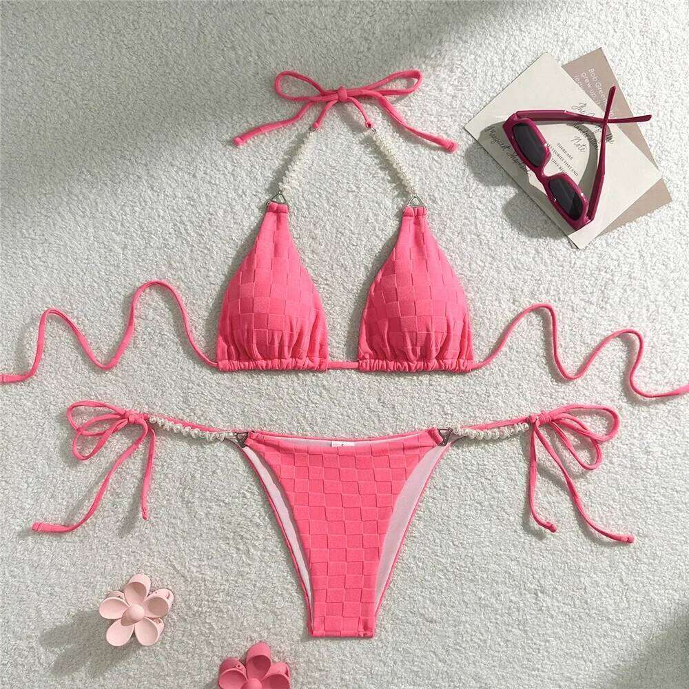 Light Purple Swimwear Pearl String Halter Micro Bikini Thong 2025 Sexy Swimsuit Women Bathing Suit Triangle Bikinis Sets Mujer C260207