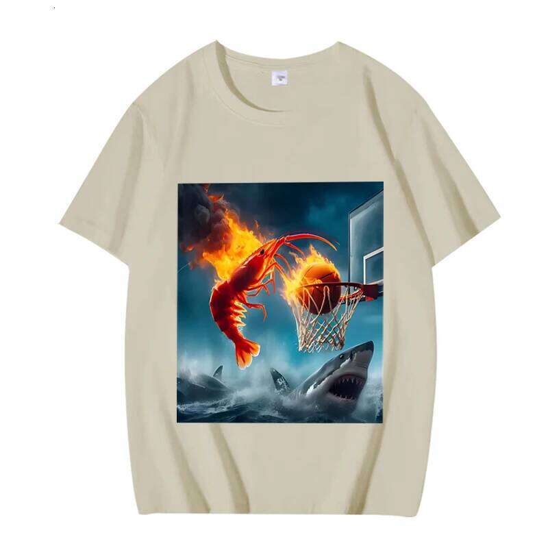 Shrimp Dunking on Shark Graphic Tee Retro Fishing Meme TShirt Women Short Sleeve Tops Aesthetic Clothes Summer Streetwear C260207