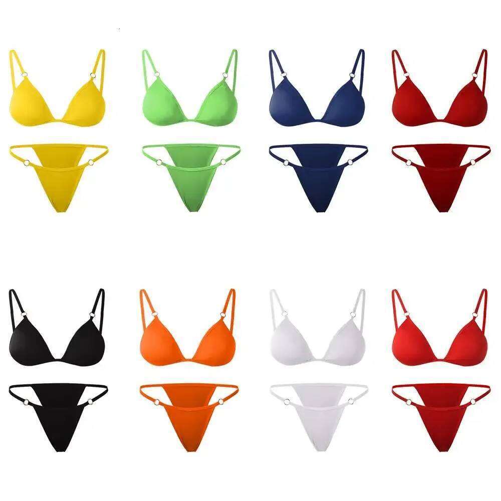 New Ladies Sexy Solid Color Sling Backless Bikini Set Metal Decorated Brazilian Beach Vacation Split Swimwear C260207