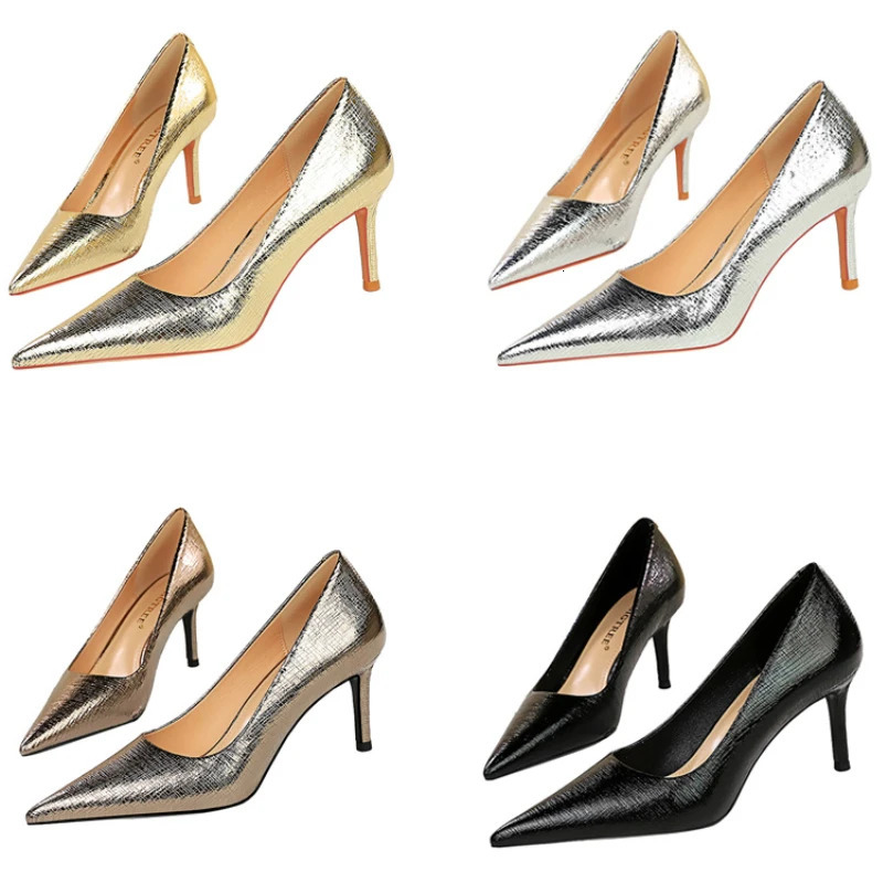 Spring Autumn Women 7cm High Heels Fashion Retro Holiday Party Pumps Lady Gold Silver Daily Office Pointed Toe Low Heels 260123