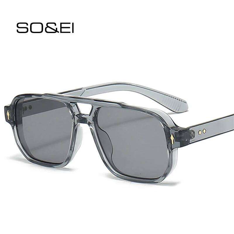 SO&EI Vintage Double Bridges Men Square Sunglasses Fashion Clear Ocean Lens Eyewear Women Trending Rivets Sun Glasses UV400 Y260207