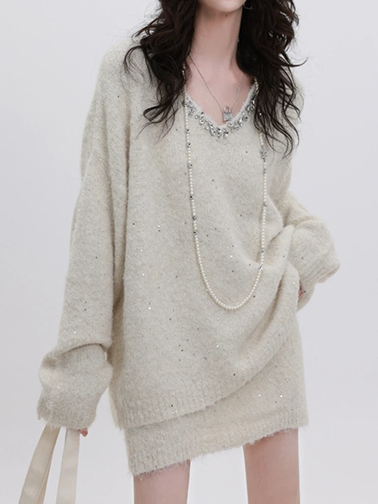 Aoaiiys Skirt Sets Women Diamond Pearls Decor Sweaters Knitwear Two-piece Short Skirt Set Winter Two Piece Sets Womens Outifits 260122