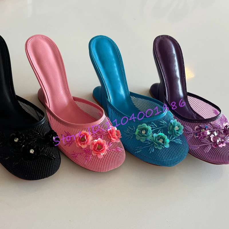 Novelty Mesh Sequin Wedges Slipper Chinese Beadwork Floral Decor Strange Heel Sandals Summer Round Toe High Heels 260208