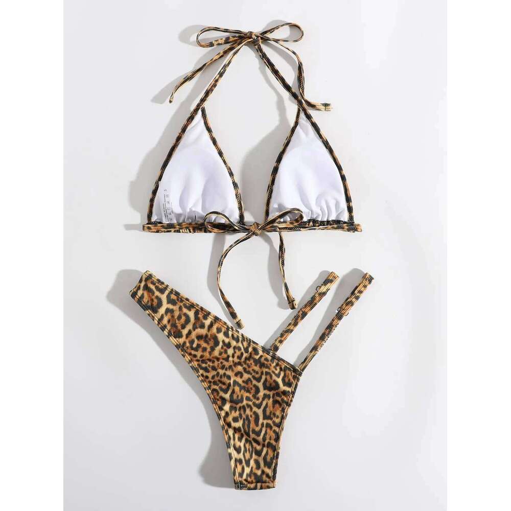Leopard Halter Thong Bikinis 2025 Women Sexy Triangle Swimsuit Diamond Swimwear Female Jewelry Bathing Swimming Suit Beachwear C260207