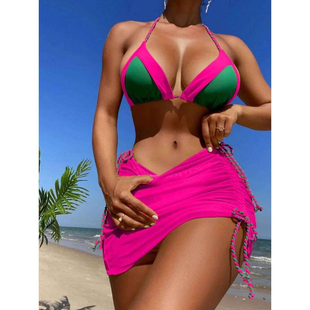 2025 Black Halter 3 Piece Bikini String Skirt Swimsuit Women Swimwear Female Bather Bathing Swimming Swim Suit Beachwear C260207