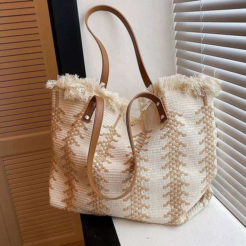 Casual Travel Stripe Design Shoulder New Tassel Handbags Woven Canvas Women's Large Capacity Tote Bag C260207
