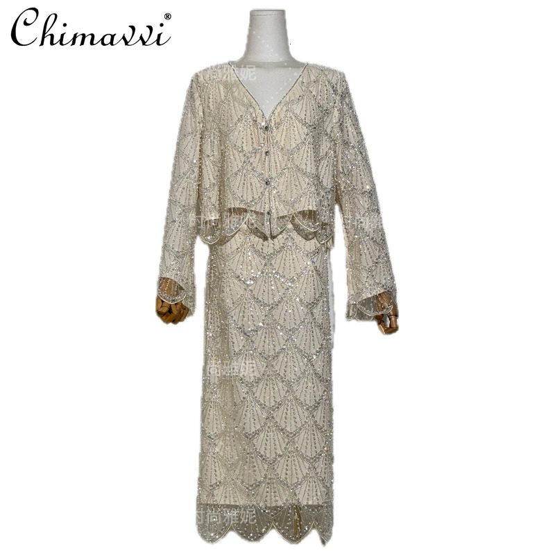 Fashion Fashion Long-sleeved Sequined Pearl Bead Cardigan Womens Top High-waisted Skirt 2-piece 2025 Spring Skirt Sets 260122