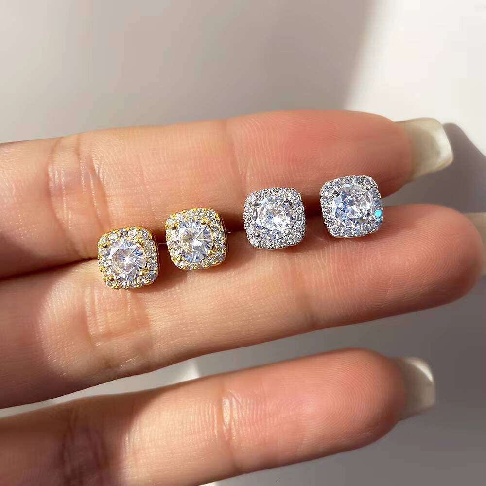 Wholesale Hot Sale Fashion Jewelry Gold Plated Brass Round Square Moissanite Diamond Zircon Stud Earrings For Women