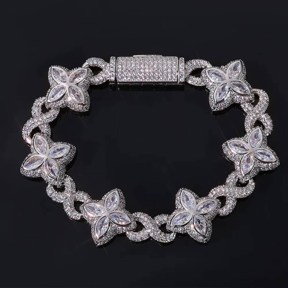 Flower Cross Four Leaf Clover Bracelet Iced Out Moissanite Chain Gold Plated Silver Miami Cuban Link Trendy Hip Hop Jewelry