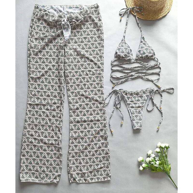 Printing Push Up Set Women Swimsuit Triangle Side Tie G-string Split Bikini with Pants 2025 New Beachwear 3 Pieces Sets C260207