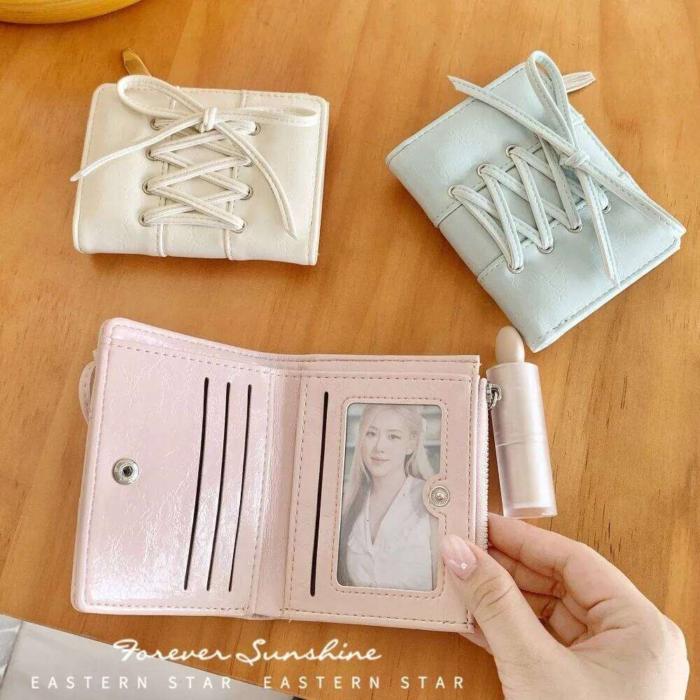 YK2 Strap Bow Women Short Wallets Card Holder Folding Zipper Purse Girl PU Leather Coin Pouch Casual Clutch Bag Y260206