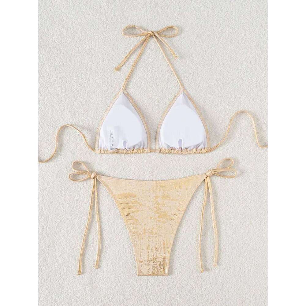 Shiny Glitter Halter Strappy 2025 High Leg Cut Bikinis Female Swimsuit Women Swimwear Two-pieces Bikini Set Bathing Suit C260207