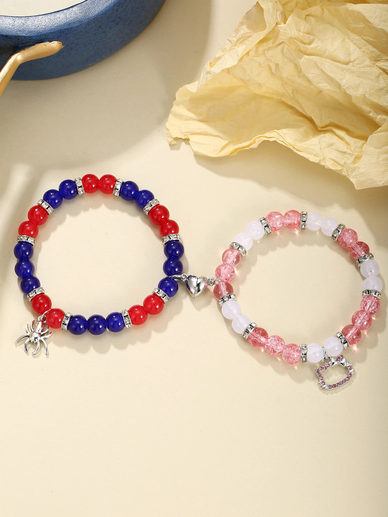 2 pcs of 8mm Natural Stone Spider Pendant Heart Shape Magnet Couple Bracelets 260107