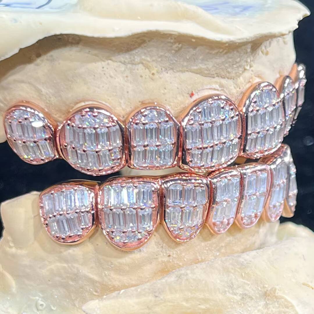 Full Iced Out Grillz for Teeth 925 Sterling Silver Custom Hip Hop Moissanite Baguette Cut Grillz