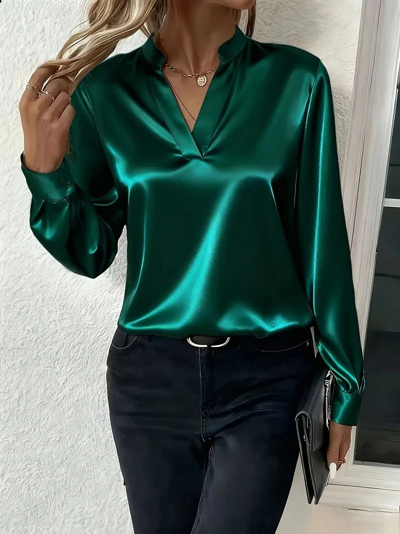 Elegant Long Sleeve VNeck SilkLike Top for Women Perfect Office Evening Wear 260207